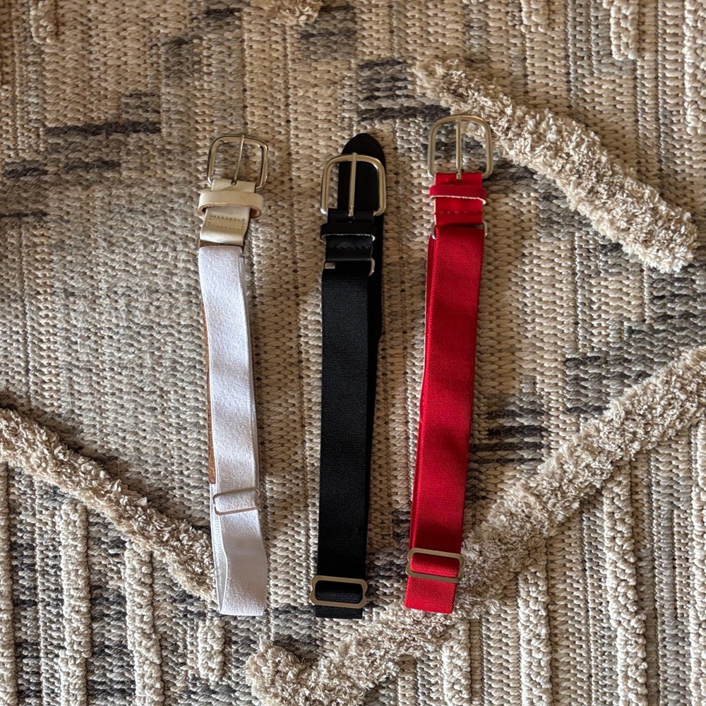 Softball belts Set of Three Adjustable Belts in Red, Black, and White size small